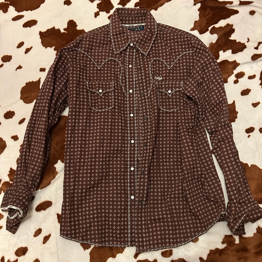 Cruel Girl Brown Pearl Snap Button Down